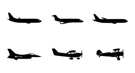 Airplane Silhouettes Collection: Jetliner, Private Jet, Fighter, Propeller Plane Icons © VECTOR STORE