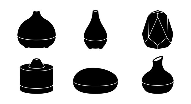 Modern Aroma Diffuser Silhouettes, Essential Oil Humidifier Icons, Minimalist Home Fragrance Devices