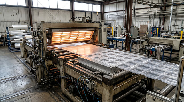 Sheet thermoforming machine heating a plastic sheet and vacuum-forming it into trays inside a packaging plastics plant under clean even factory lighting