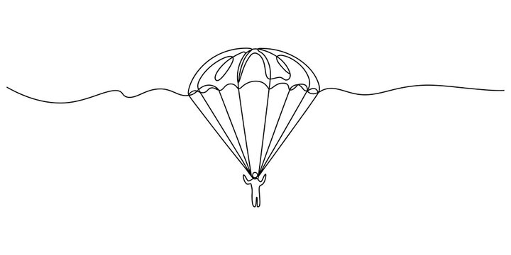 Continuous line drawing of a person using a parachute for skydiving