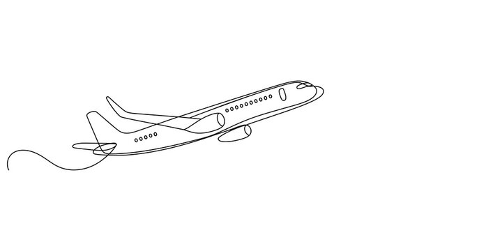 Continuous single line drawing of a passenger airplane flying in the air