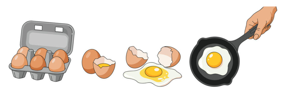 Showing a grey egg carton with brown eggs a cracked egg shell and a hand holding a black cast iron skillet with a fried egg inside on a white background