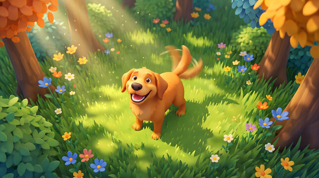 Happy cartoon dog running in sunny forest with green grass and flowers