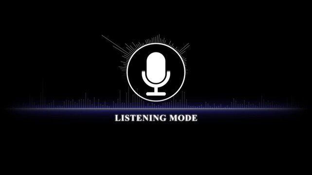 Listening mode interface with animated microphone and audio spectrum visualizer for digital media projects