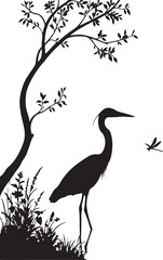 Fototapeta premium Bird standing in shallow water with plants and grass