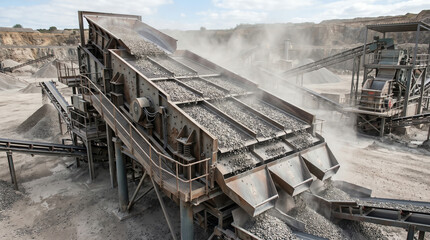 Fototapeta premium Multi-deck inclined vibrating screen sorting crushed stone into size fractions with dust rising in an aggregate processing plant during an active production shift