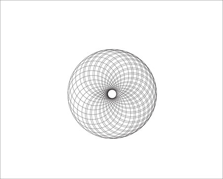 Minimalist symmetrical abstract geometric pattern with concentric circles and radial curved lines emanating from central white circle, optical illusion effect suggesting depth and motion, clean design