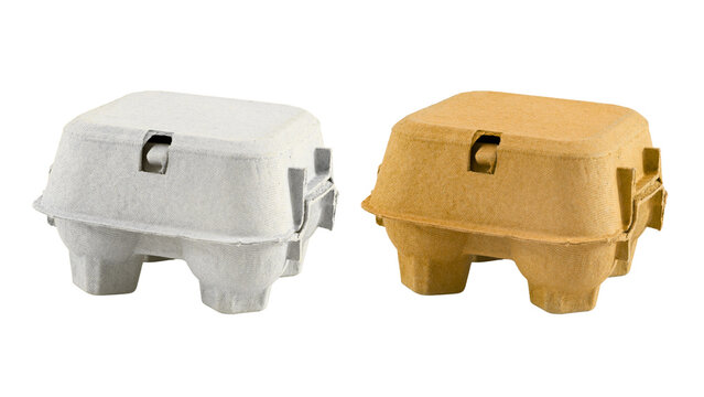 Two eco friendly molded pulp egg cartons, white and brown, for safe egg packaging and storage
