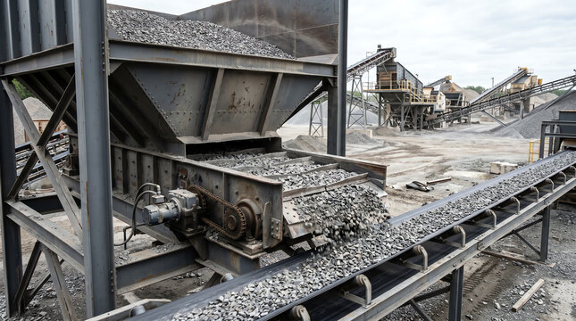 Steel surge bin with a heavy apron feeder drawing crushed rock from beneath it onto a transfer conveyor at a working aggregate plant during a steady production run