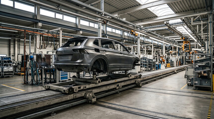 Obraz premium Skillet conveyor carrying a car body at working height down the final assembly line of an automotive plant under bright even production-hall lighting