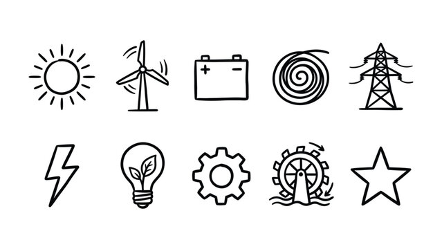 Energy Icons Set: A collection of hand-drawn icons representing various forms of energy generation and concepts, including sun, wind turbine, battery, coil, power line, lightning, light bulb, gear.