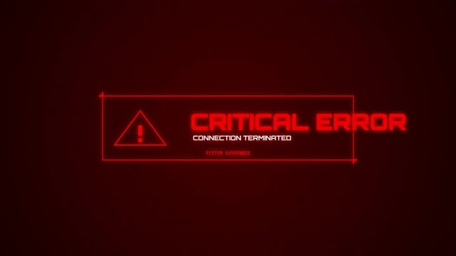 Critical Error Message with Connection Terminated Alert, System Failure HUD, Cyber Security Breach, Technical Glitch Animation, Red Digital Background, Motion Graphic 4k video