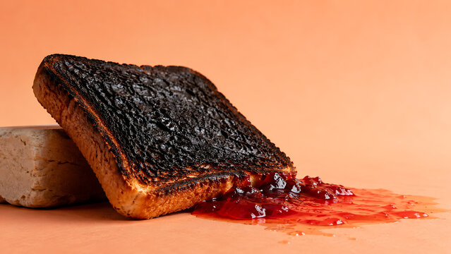 Severely burnt bread slice leaning against a solid block with spilled red fruit jam on a warm orange surface background preserve breakfast overcooked creative strawberry