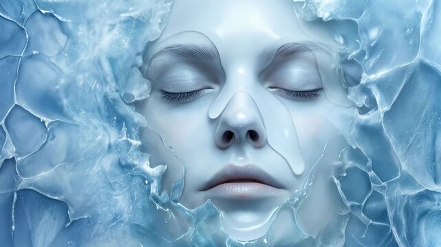 Surreal face of woman encased in melting ice. Abstract conceptual video with static camera.