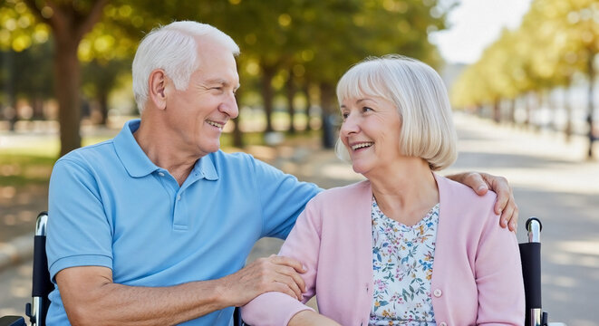 Happy elderly couple wheelchair, enjoying park outing together on bright day. Caring senior man pushing woman in wheelchair, sharing smile and companionship.