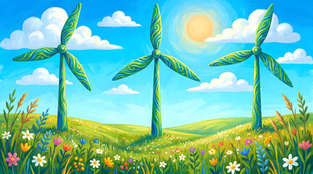 Three wind turbines standing on a green field under a blue sky with sun and clouds