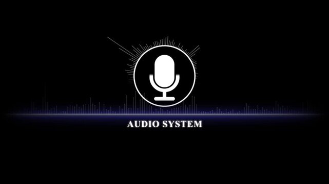 Audio system visualizer with pulsing microphone and sound wave frequency animation for music and podcast media