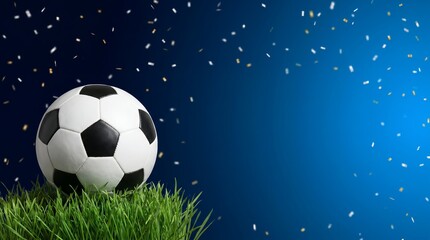 Fototapeta premium Soccer ball on green grass with blue background and confetti team sport football competition recreation outdoors championship tournament training
