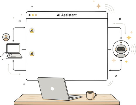 AI Assistant Chat Interface Illustration Featuring User Typing on Laptop and Friendly Robot Automation on Workspace Desktop Background