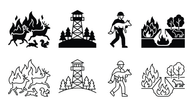 Forest fire icons set, including wildlife fleeing, fire lookout tower, firefighter rescuing animal, and firebreak in forest, vector illustration