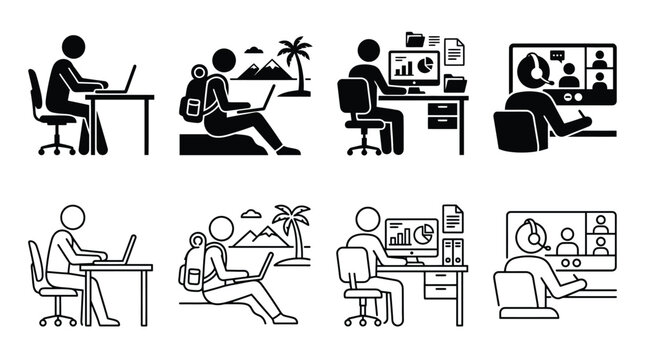 Set of stick figure icons representing remote work, digital nomad lifestyle, office work, and video conferencing