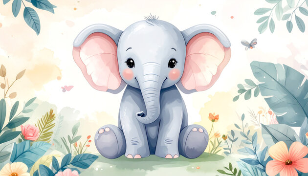 Niedlicher Elefant als Aquarell f&uuml;r Kinderzimmer
