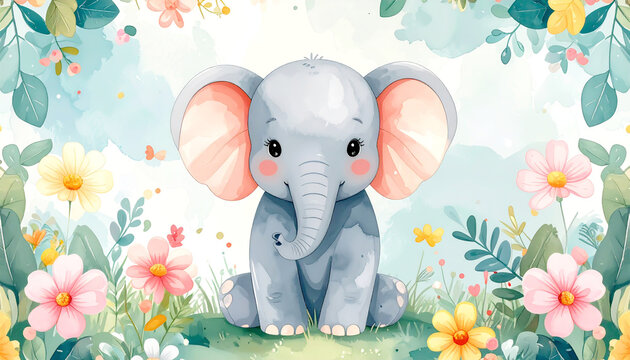 Niedlicher Elefant als Aquarell f&uuml;r Kinderzimmer