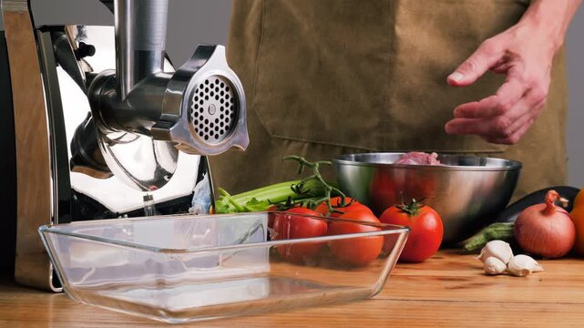 Meat grinder making chicken turkey burger, grinds the meat into minced meat. Minced pork, beef, protein food preparation.