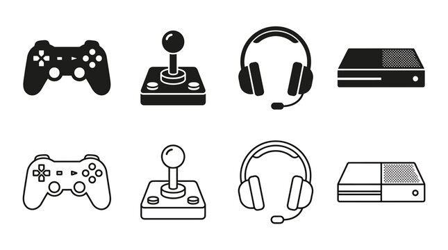 Set of gaming icons, game controller, joystick, gaming headset and game console, vector illustration