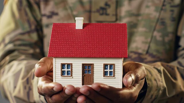 African American hands in military camouflage tenderly cup a miniature white house model with red roof, blue windows. Hope and homeownership concept