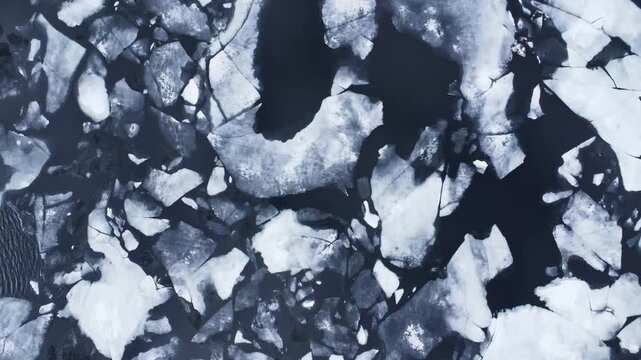Aerial view of broken and melting ice floes and icebergs floating on dark water in the Hardangervidda plateau, Ullensvang, Vestland, Norway.