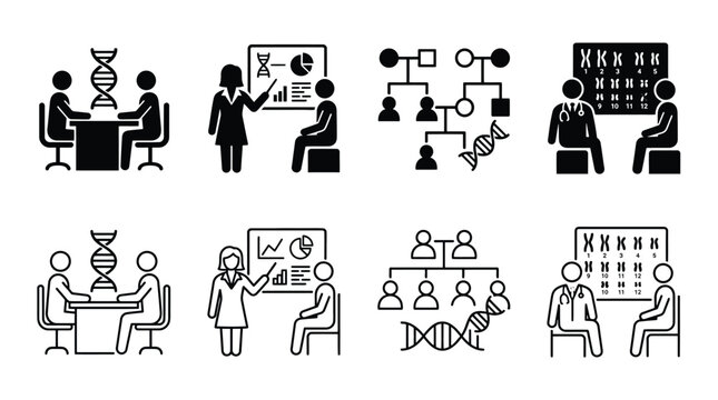 Genetic counseling icons set medical consultation, dna testing, pedigree chart, chromosome analysis professional healthcare services vector illustration
