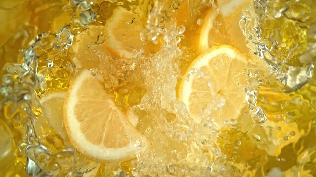 Super Slow Motion Shot of Fresh Lemon Slices Falling into Lemonade at 1000fps.