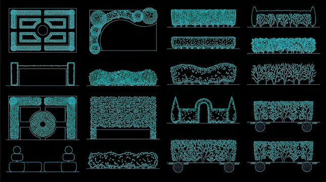 Detailed Hedge Blueprint Technical Drawing Vector Set Multi View Cyan Outline on Black Background