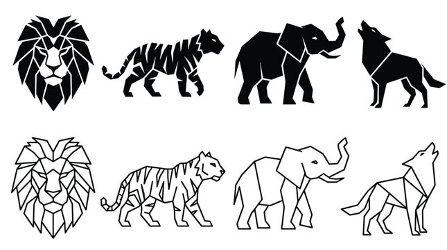 Set of geometric animal logos, stylized lion, tiger, elephant and wolf icons in solid black and outline vector style
