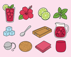 Hibiscus iced tea recipe ingredients vector icons set on pink background © niloy