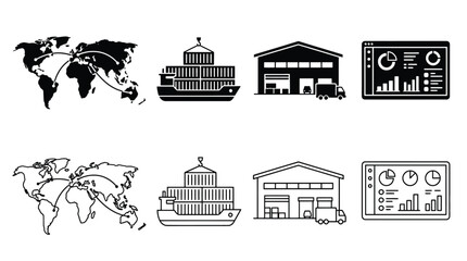 Fototapeta premium Logistics and supply chain icon set, including global shipping, cargo ship, warehouse storage, and data analytics dashboard