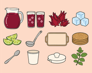 Hibiscus tea recipe ingredients and kitchen utensils vector illustration © niloy
