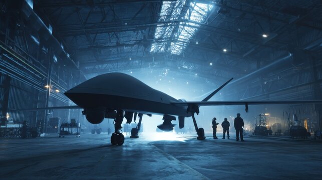 Large military drone positioned inside a spacious futuristic hangar, illuminated by industrial lighting with silhouettes of engineers and equipment in the background