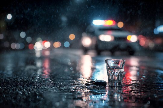 Glass of alcohol and car keys on wet asphalt at night with police lights in background.
