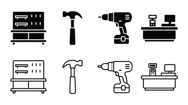 Set of hardware store icons, including workbench, hammer, power drill, and checkout counter, available in solid and outline styles for retail and construction design projects