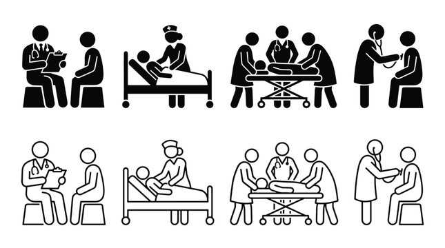 Medical consultation and hospital treatment icons set, doctor and patient, nurse with patient in bed, surgery team and medical examination