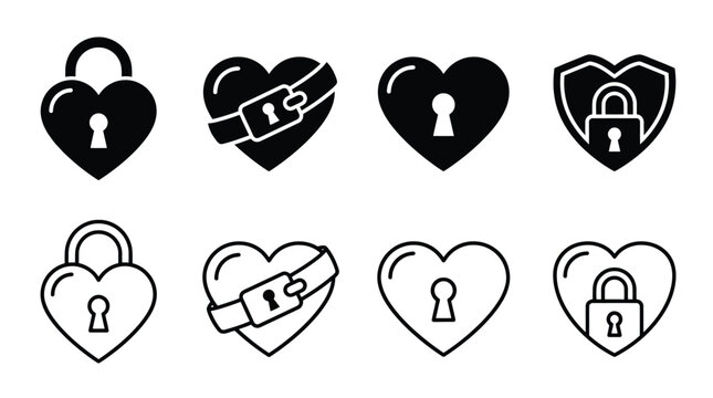 Set of heart lock icons, love padlock symbols, romantic security signs, vector illustration