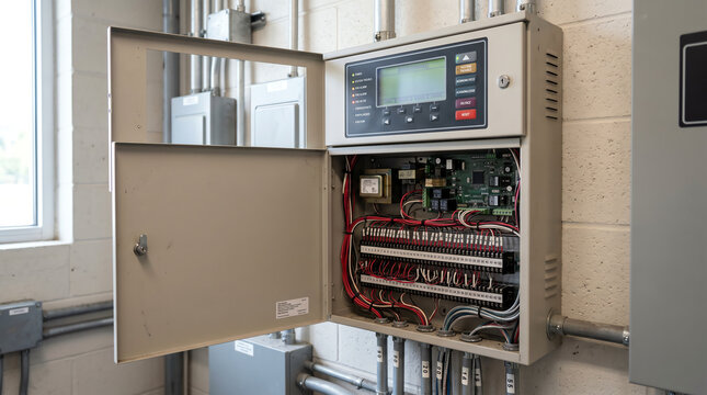 Fire alarm control panel mounted on a wall in a building electrical room with status indicators and addressable loop terminations visible inside during a system-commissioning visit