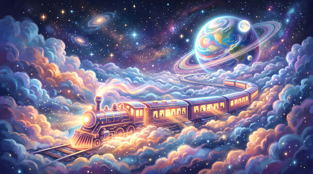 Fantasy steam train traveling through starry cosmic clouds with planets in the background