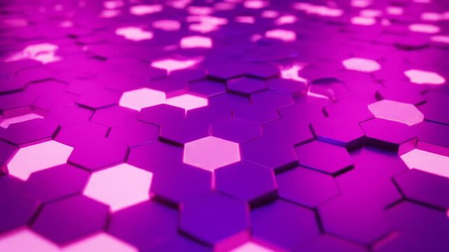 a seamless, infinite grid of iridescent purple and fuchsia hexagonal tiles with pulsating pinkish-white light, tracked by a slow dolly video, creating a futuristic visual concept for abstract