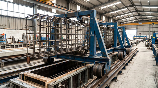 Reinforcing steel cage assembled in a fixturing jig at a precast plant ready to be lowered into a beam form under bright workshop light during a structural-reinforcement preparation