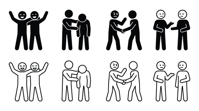 Set of stick figures showing different human interactions and emotions, including friendship, support, conflict, and communication
