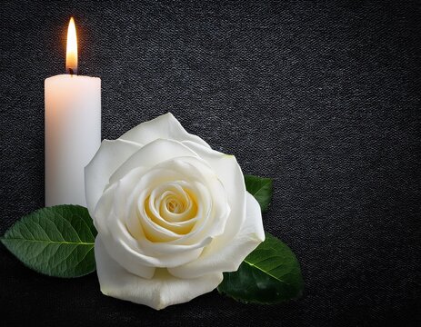 condolence grieving card loss funerals support elegant white rose with burning candle on a black texture background for sending words of support and comfort