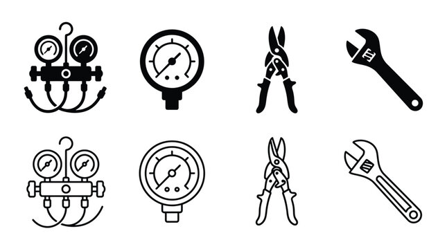 Set of hvac tools icons, including manifold gauge, pressure gauge, tin snips, and adjustable wrench, solid and outline style